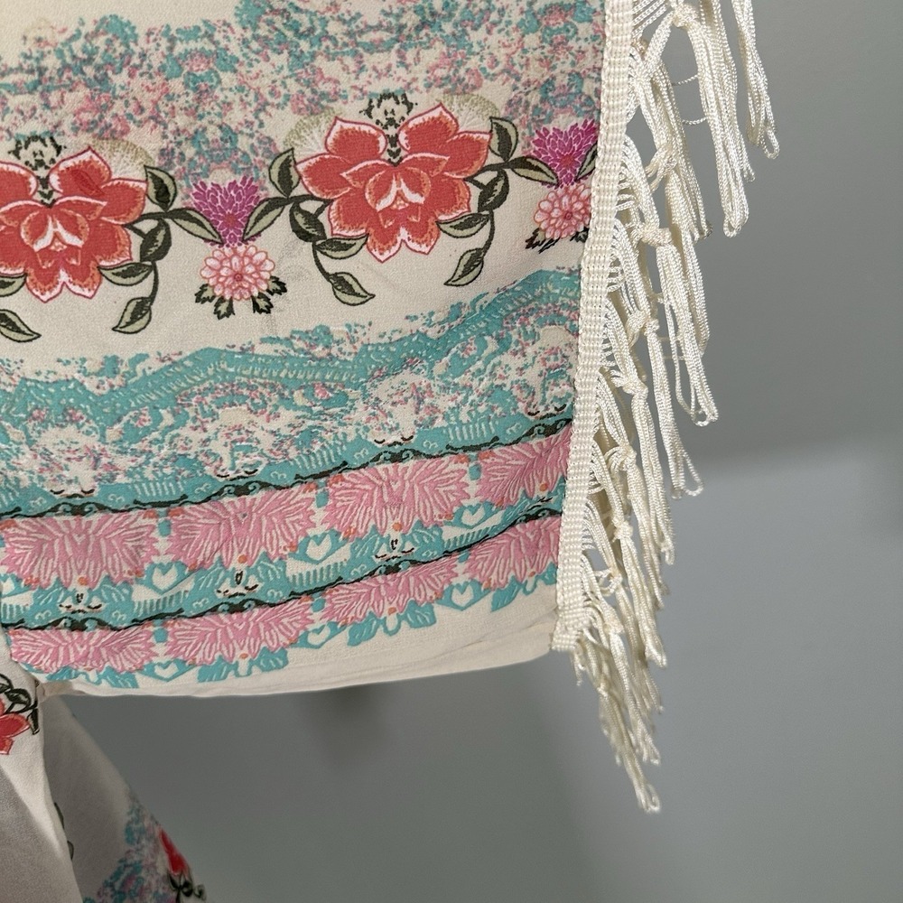 Silk Blend Sheer Floral Kimono Cardigan Boho Fringe‎ Ivory Beach XS S - Picture 6 of 9